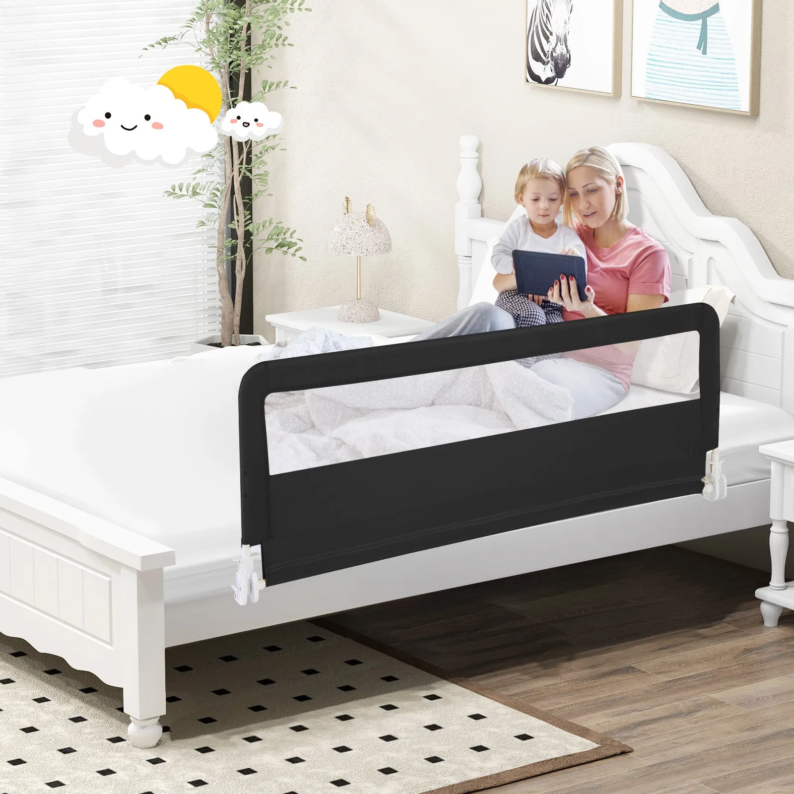 150CM Foldable Baby Bed Rail Guard with Washable Cover and Safety Strap-Black