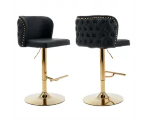 2x Faux Leather Golden Base Swivel Bar Stools- Black