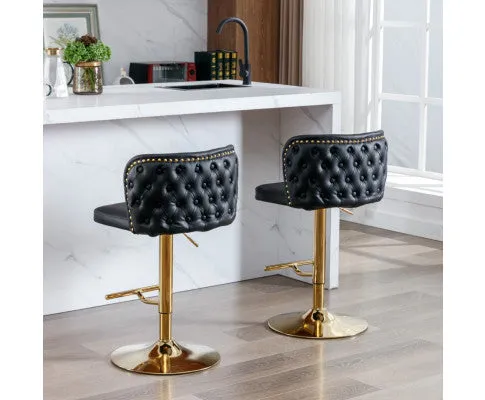 2x Faux Leather Golden Base Swivel Bar Stools- Black