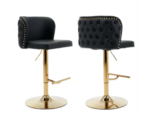 2x Faux Leather Golden Base Swivel Bar Stools- Black