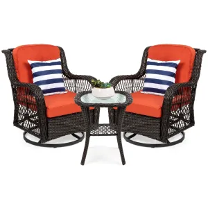 3-Piece Patio Wicker Bistro Furniture Set w/ 2 Swivel Rocking Chairs, Table