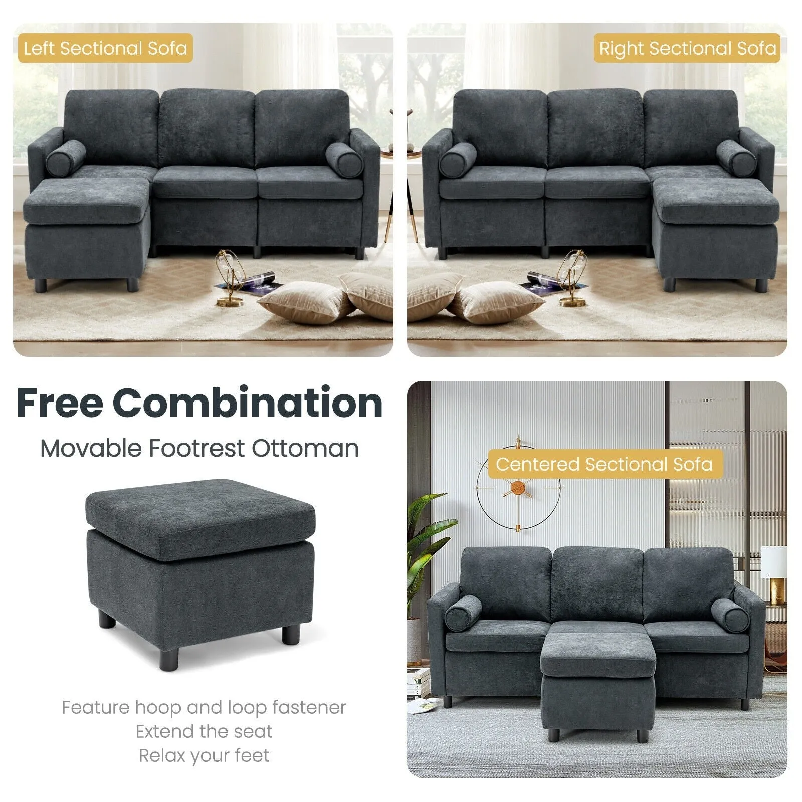 3 Seater Sofa with Ottoman - Gray