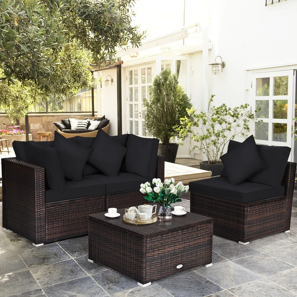 4pc Wicker Rattan Patio Cushioned Sofa Set - Black