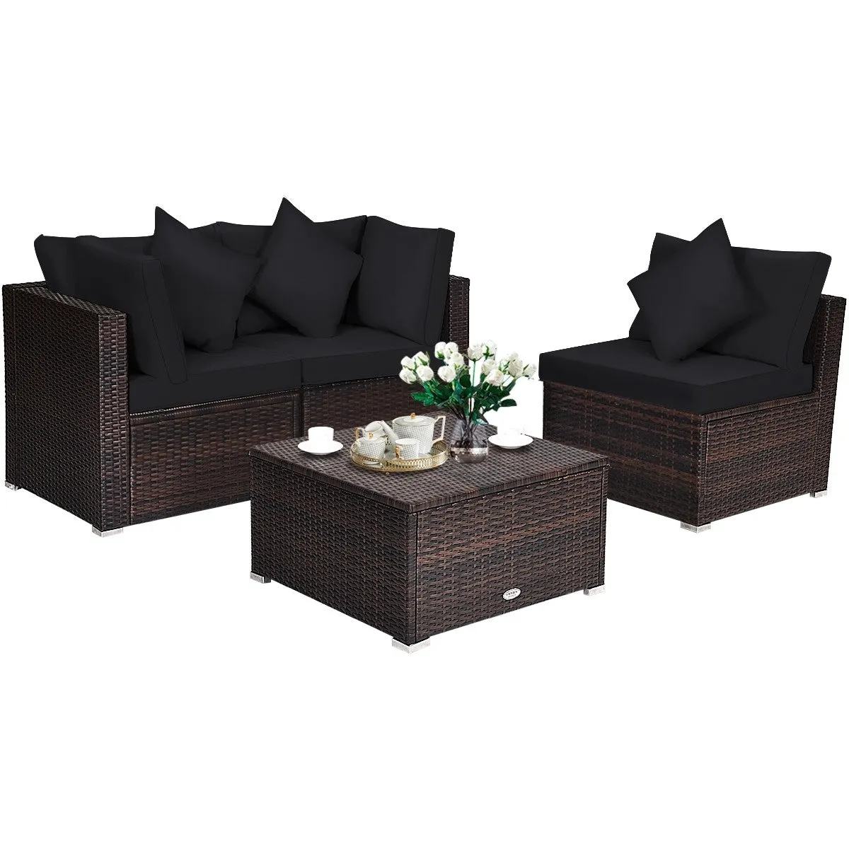 4pc Wicker Rattan Patio Cushioned Sofa Set - Black