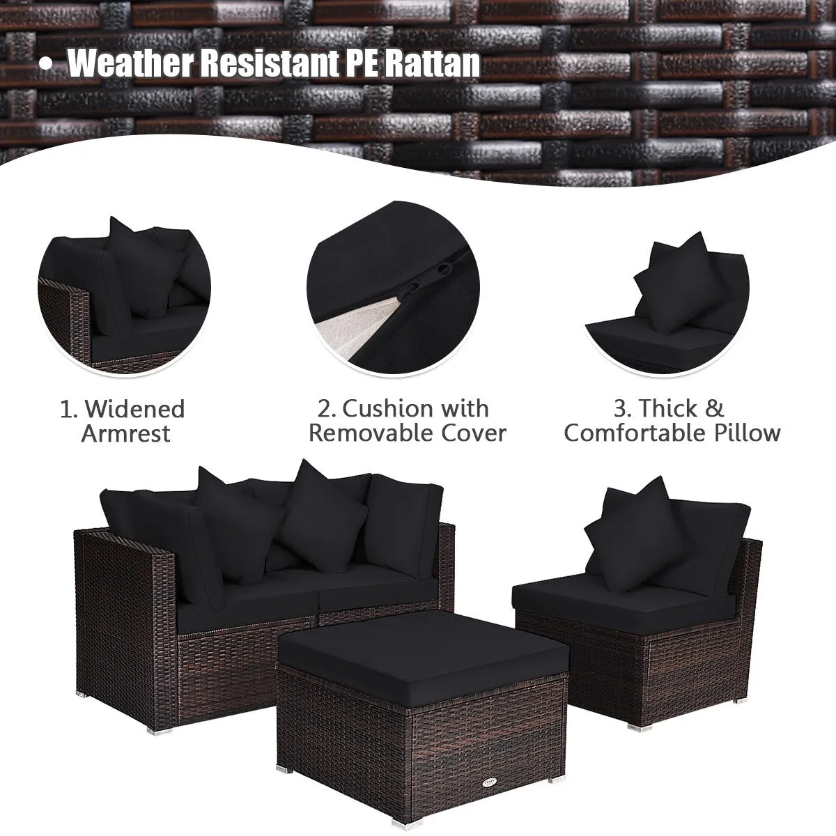 4pc Wicker Rattan Patio Cushioned Sofa Set - Black