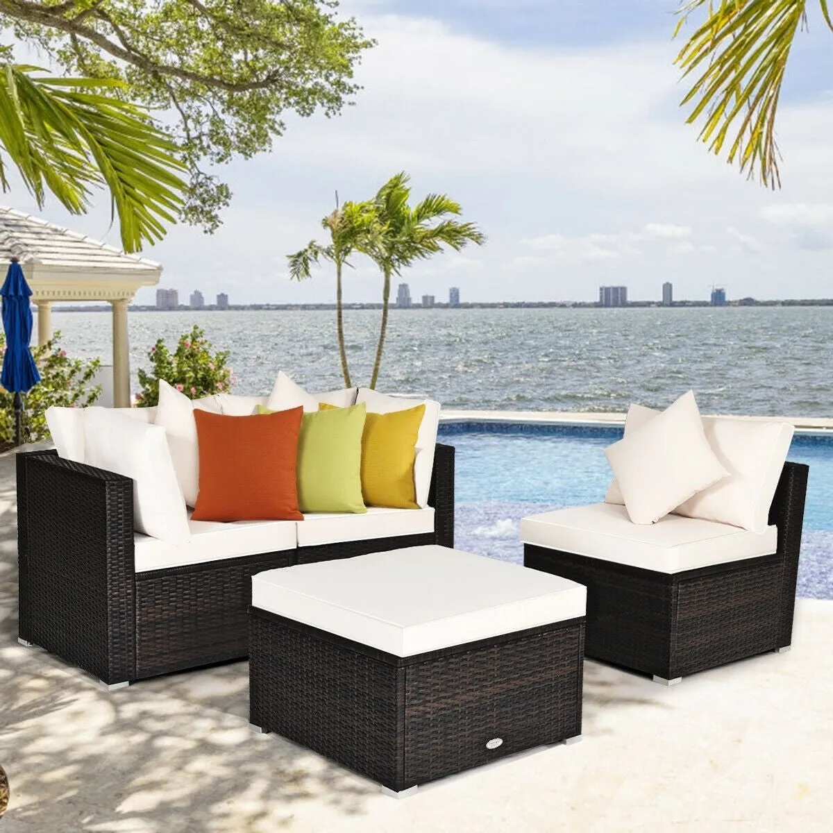 4pc Wicker Rattan Patio Cushioned Sofa Set - White