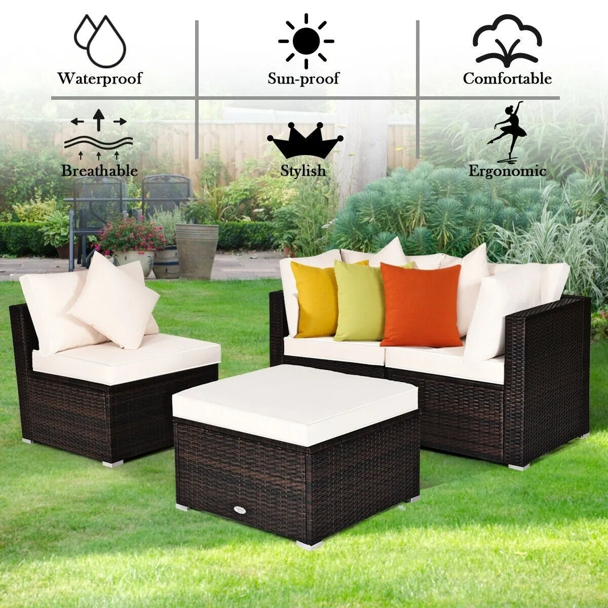 4pc Wicker Rattan Patio Cushioned Sofa Set - White