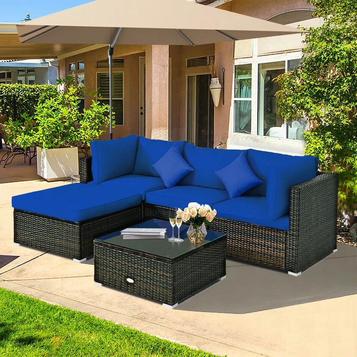 5pc Outdoor Patio Rattan Furniture Set - Navy