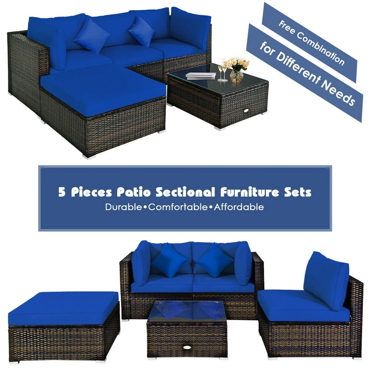 5pc Outdoor Patio Rattan Furniture Set - Navy