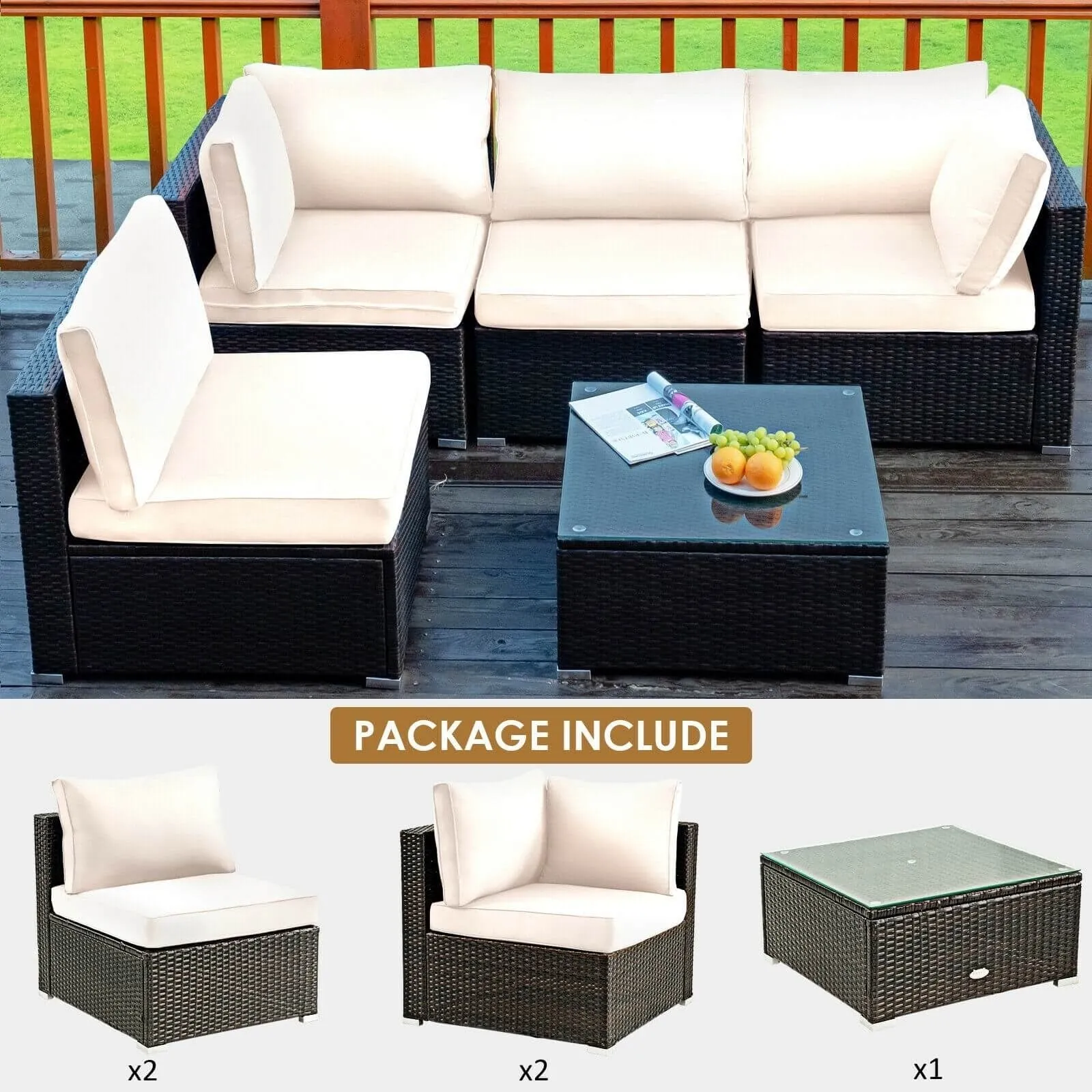 5pc Wicker Rattan Cushioned Patio Furniture Set - White