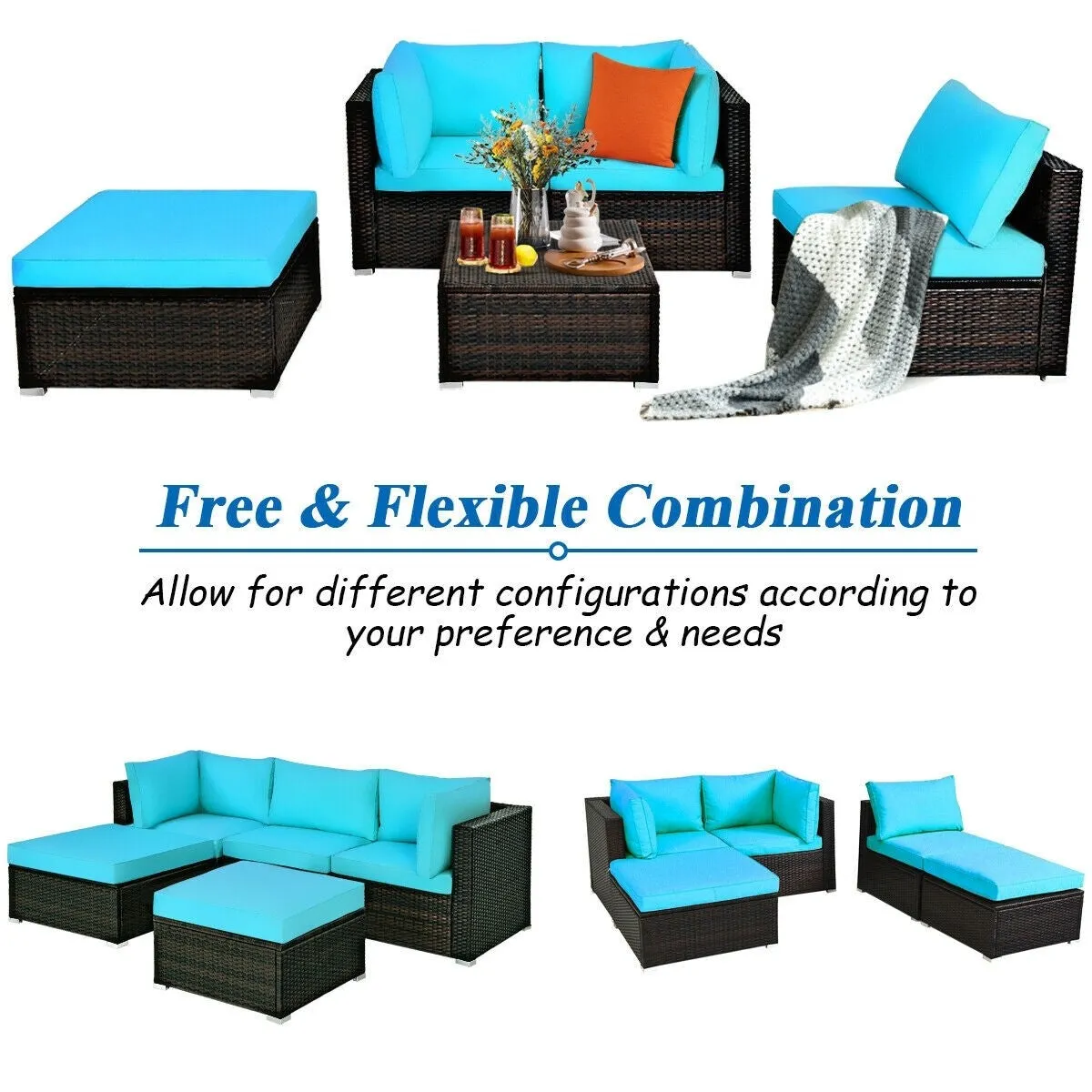 5pc Wicker Rattan Patio Sofa Set with Cushion and Ottoman - Turquoise