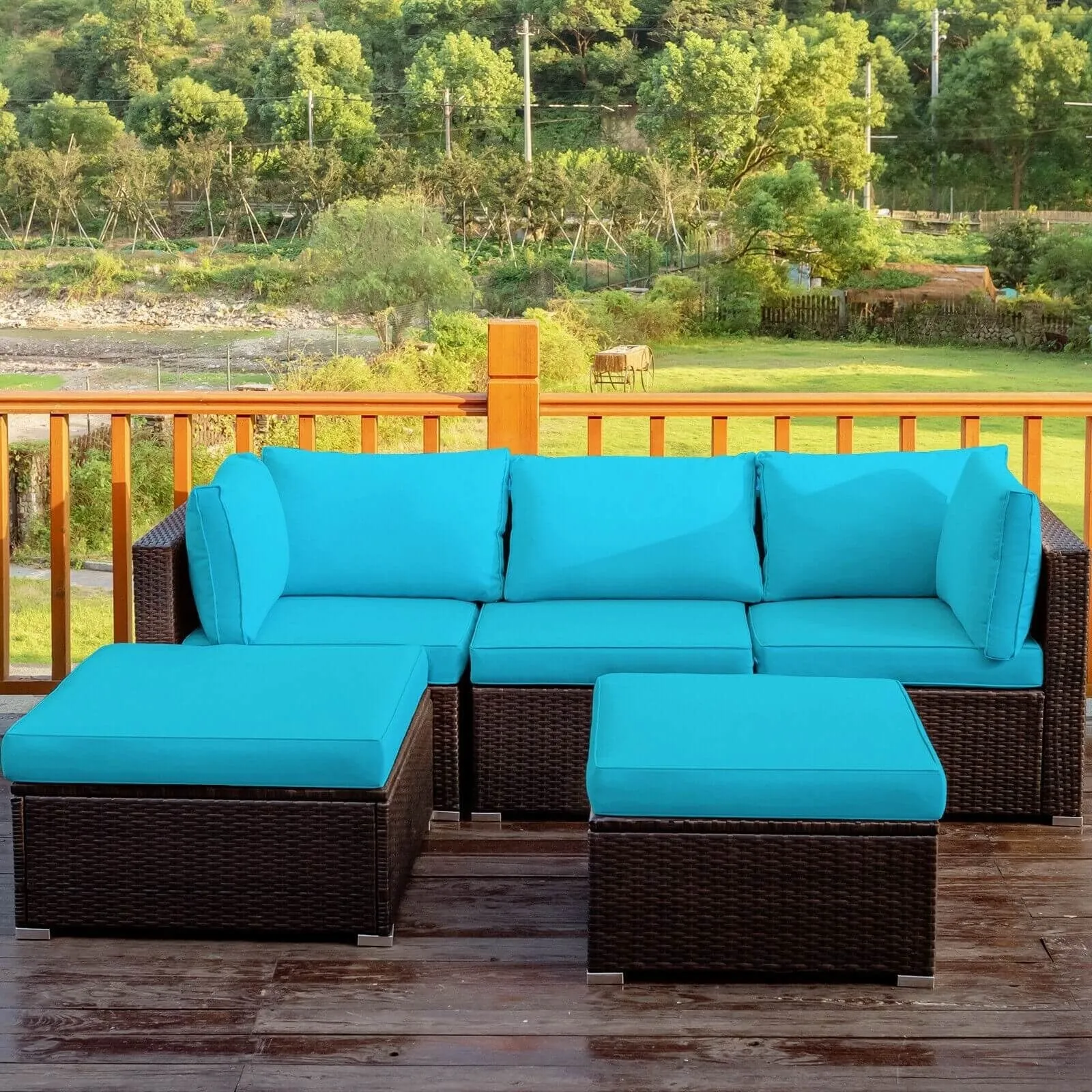 5pc Wicker Rattan Patio Sofa Set with Cushion and Ottoman - Turquoise