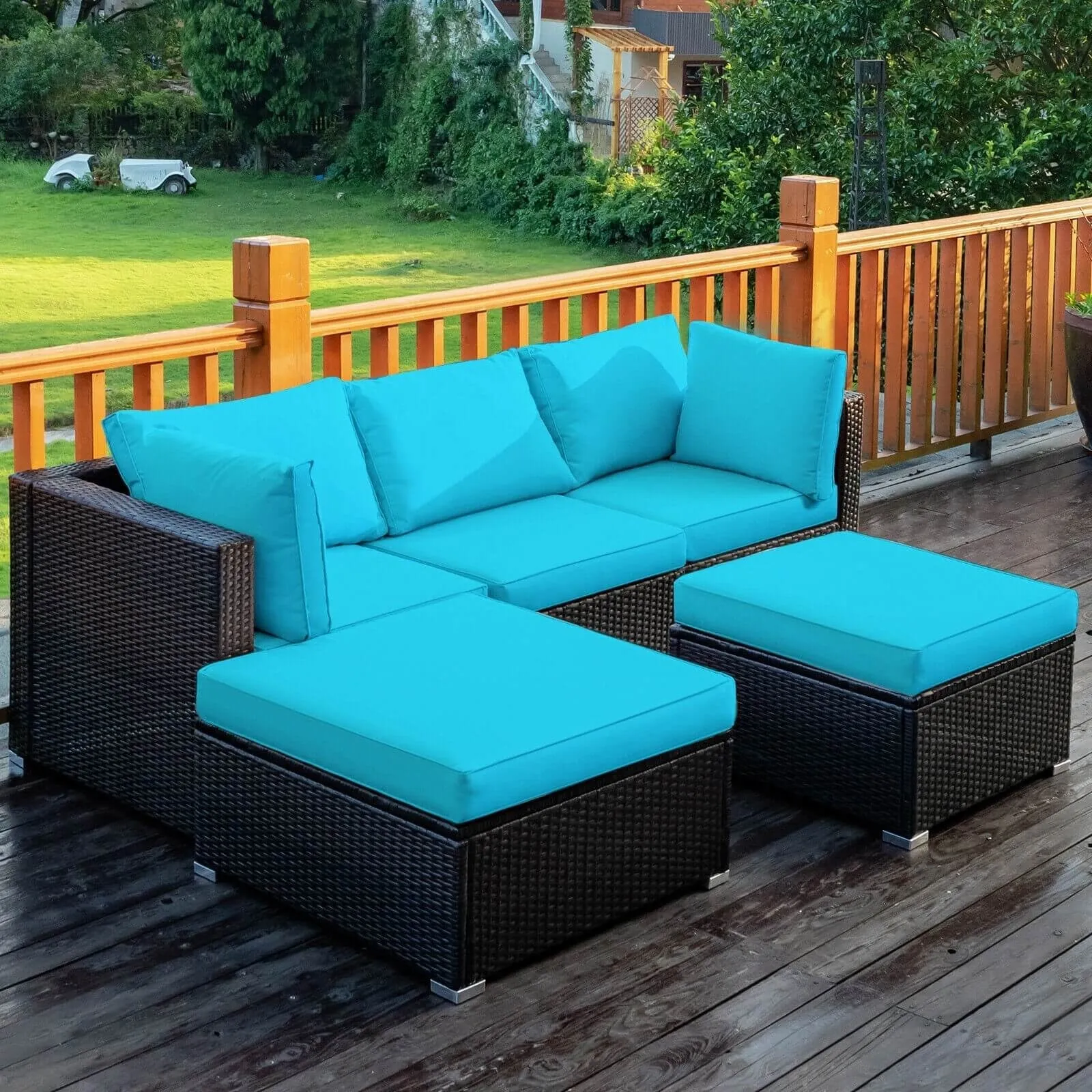 5pc Wicker Rattan Patio Sofa Set with Cushion and Ottoman - Turquoise