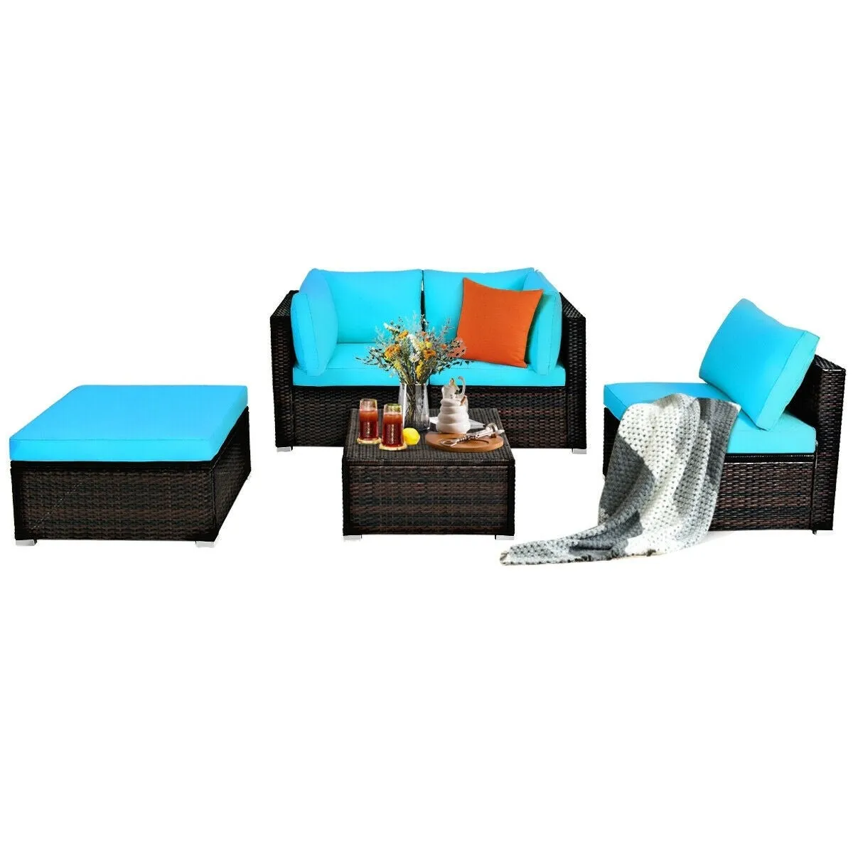 5pc Wicker Rattan Patio Sofa Set with Cushion and Ottoman - Turquoise