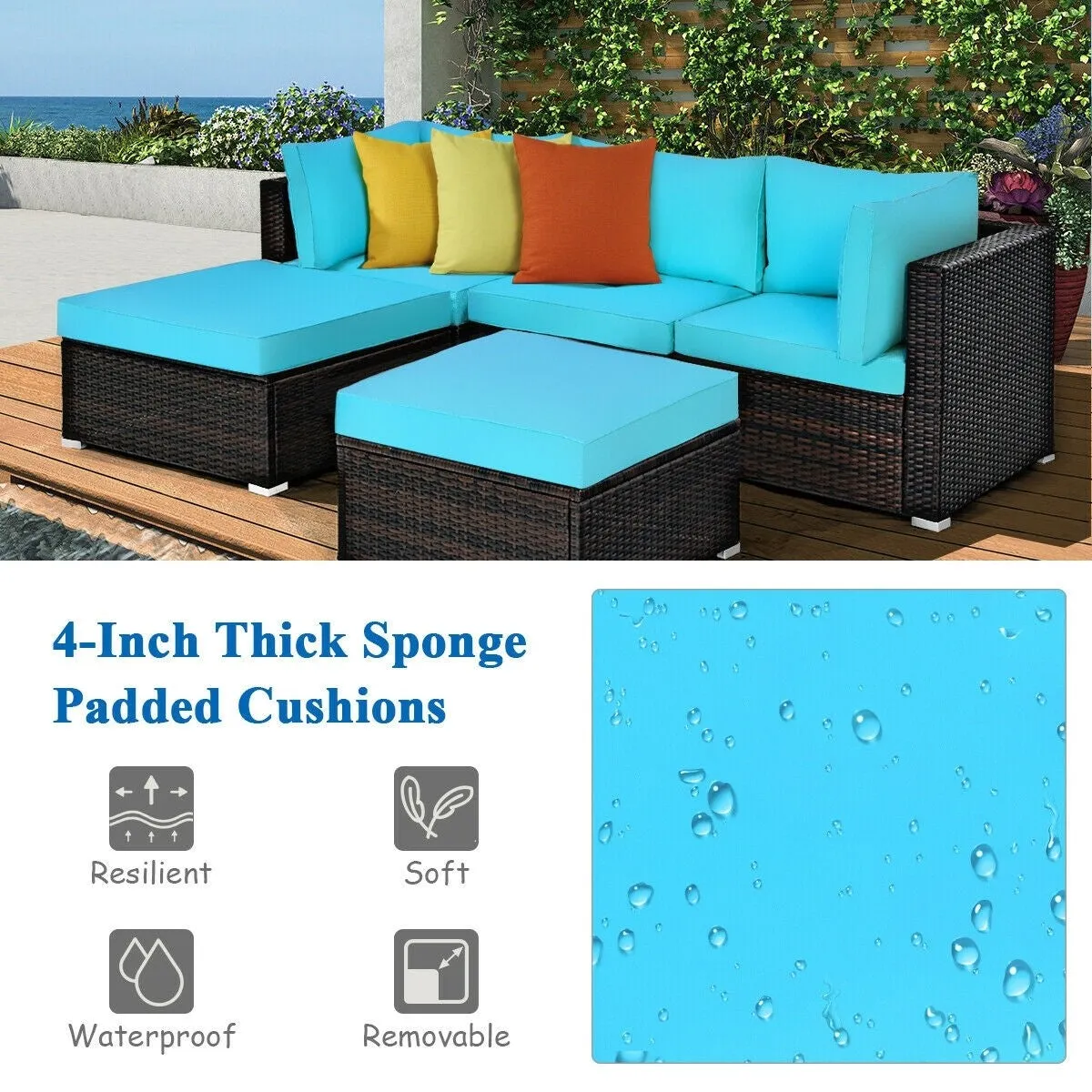 5pc Wicker Rattan Patio Sofa Set with Cushion and Ottoman - Turquoise