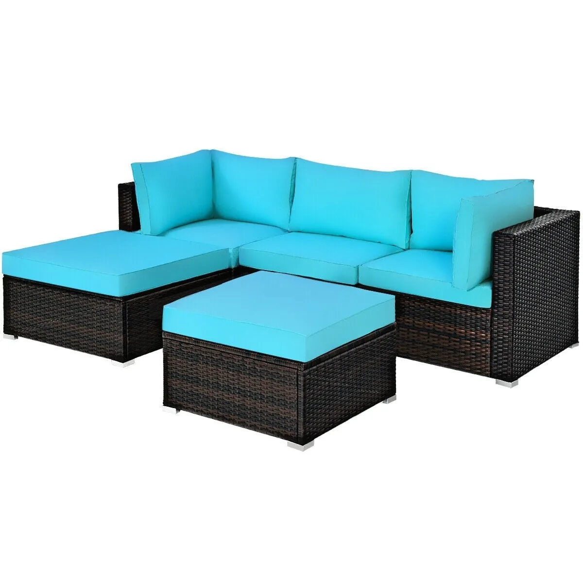 5pc Wicker Rattan Patio Sofa Set with Cushion and Ottoman - Turquoise