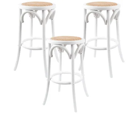 Aster 3pc Round Bar Stools Dining Stool Chair Solid Birch Wood Rattan Seat White