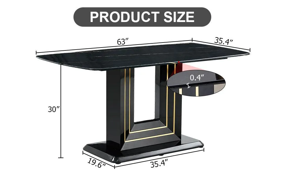 Black Imitation Marble Dining Table, 63"x35.4"x30", with Gold Lines, MDF Legs