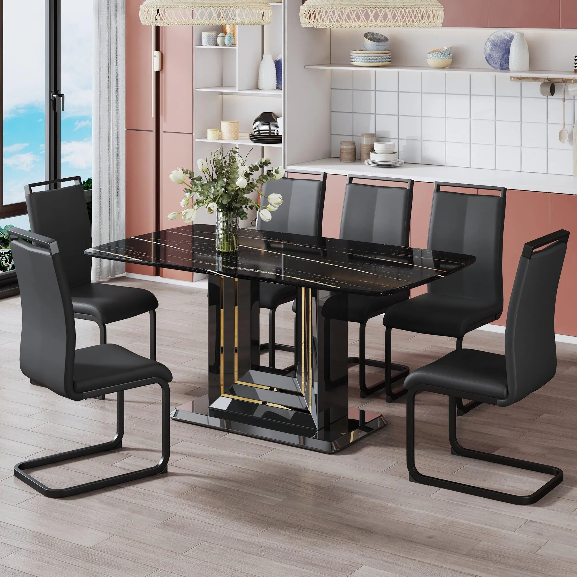 Black Imitation Marble Dining Table, 63"x35.4"x30", with Gold Lines, MDF Legs