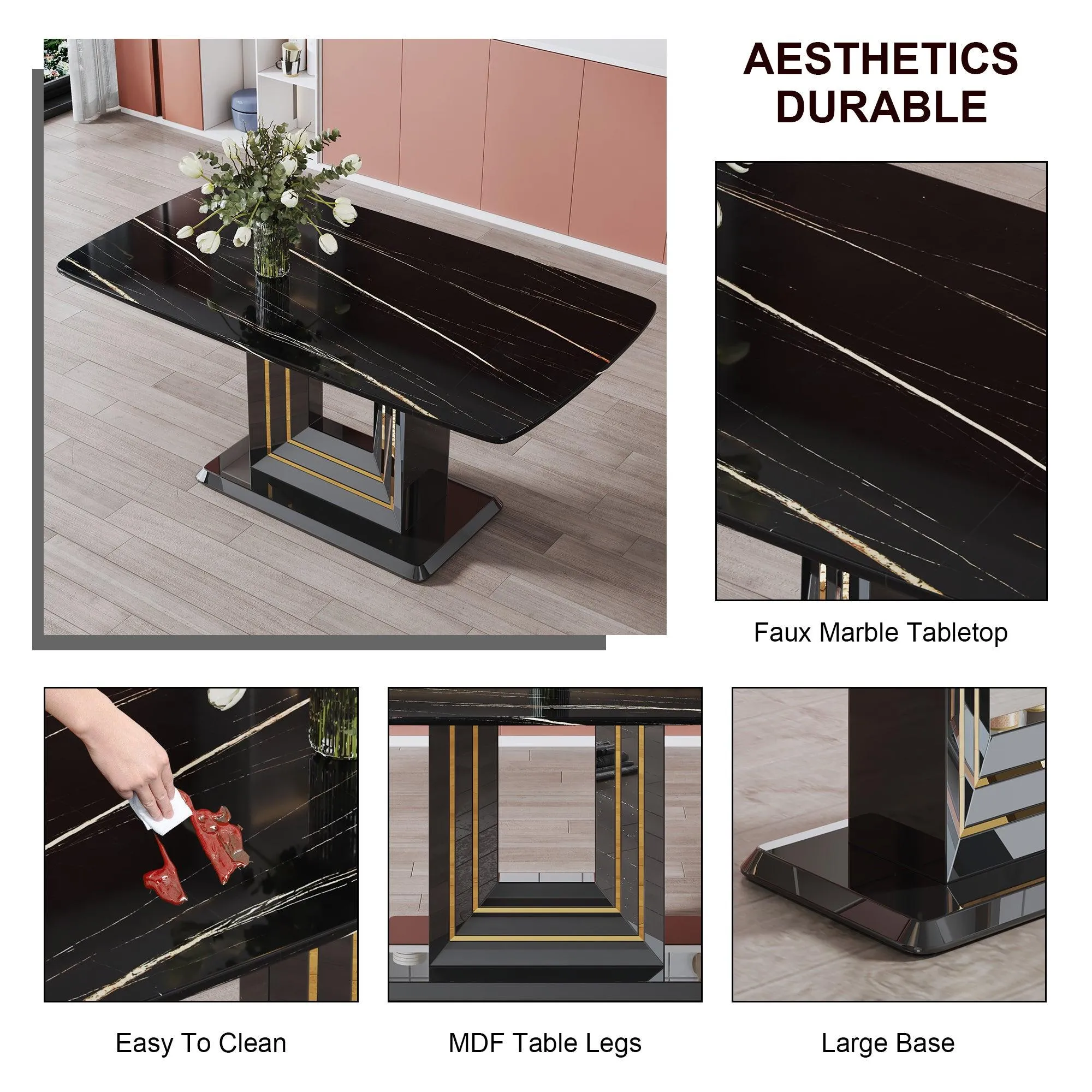 Black Imitation Marble Dining Table, 63"x35.4"x30", with Gold Lines, MDF Legs