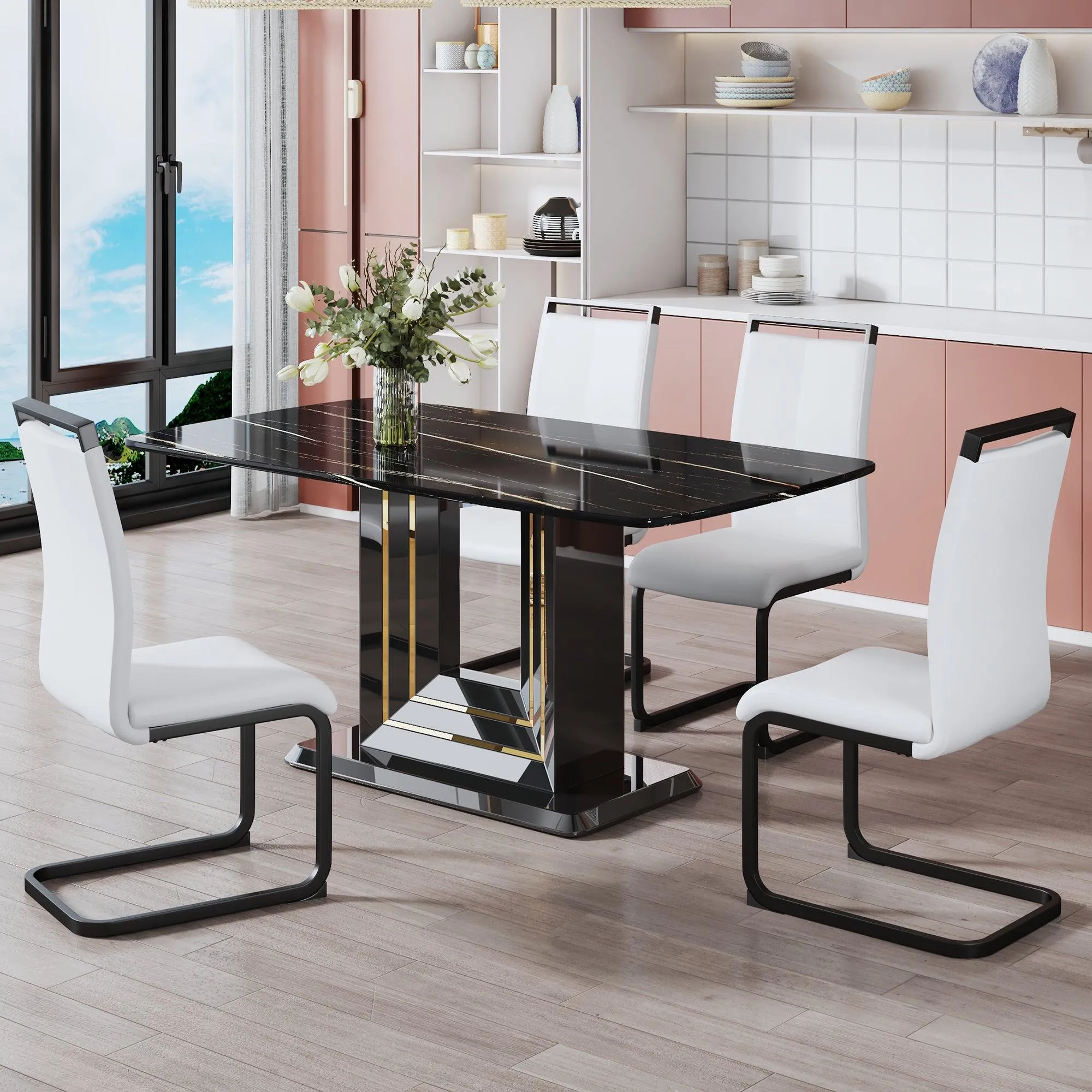 Black Imitation Marble Dining Table, 63"x35.4"x30", with Gold Lines, MDF Legs