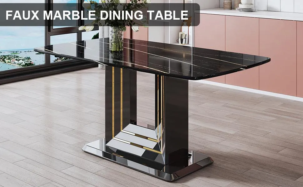 Black Imitation Marble Dining Table, 63"x35.4"x30", with Gold Lines, MDF Legs