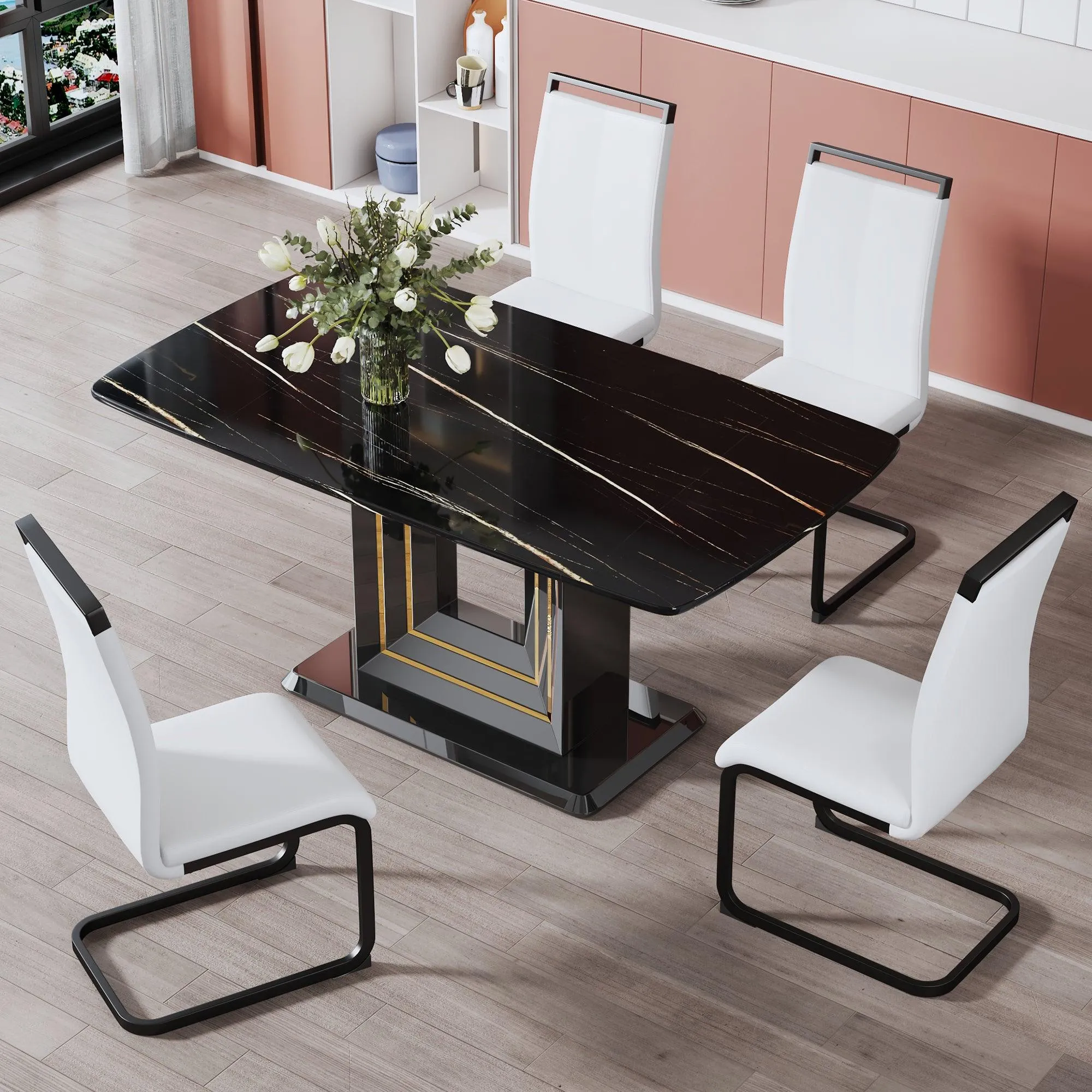 Black Imitation Marble Dining Table, 63"x35.4"x30", with Gold Lines, MDF Legs