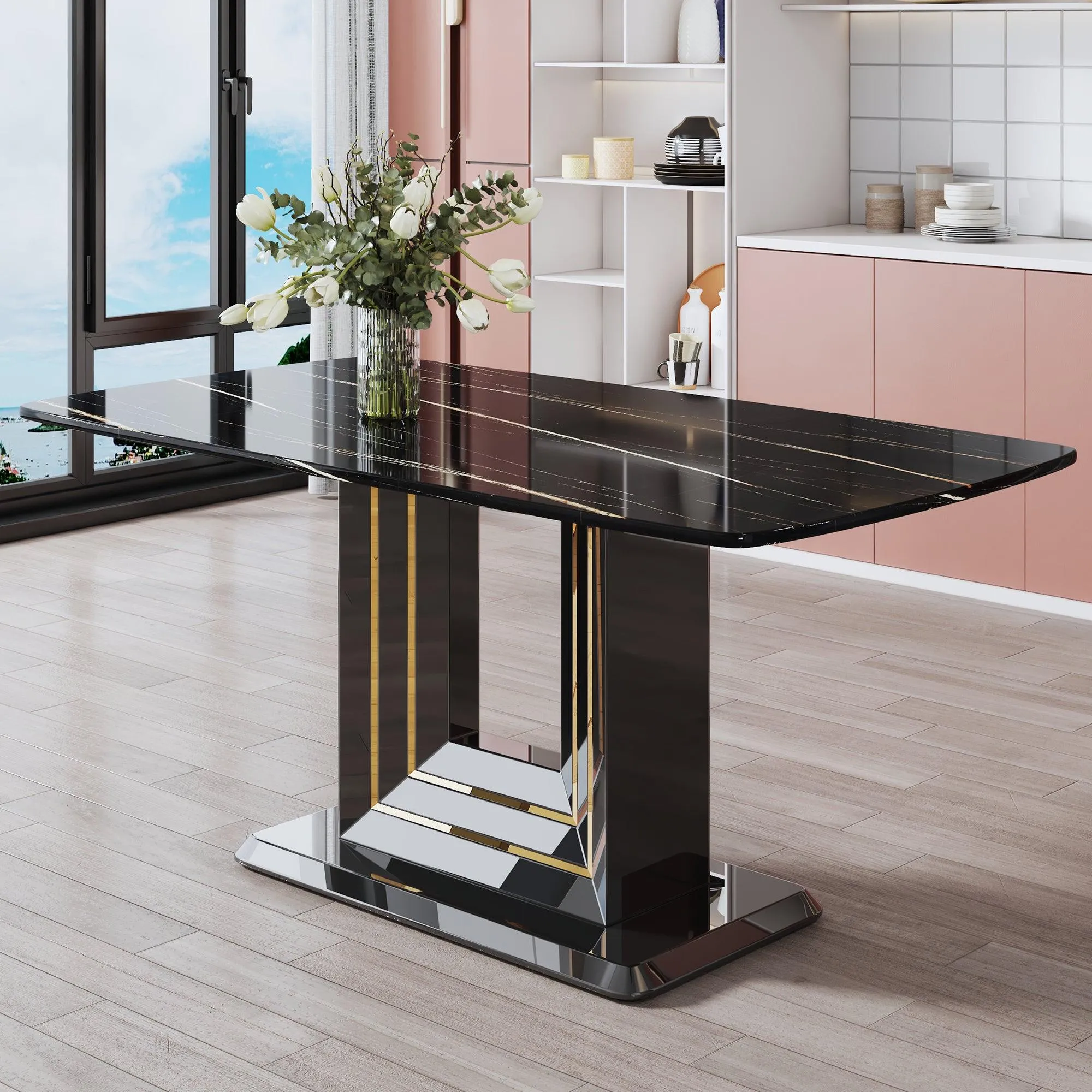 Black Imitation Marble Dining Table, 63"x35.4"x30", with Gold Lines, MDF Legs