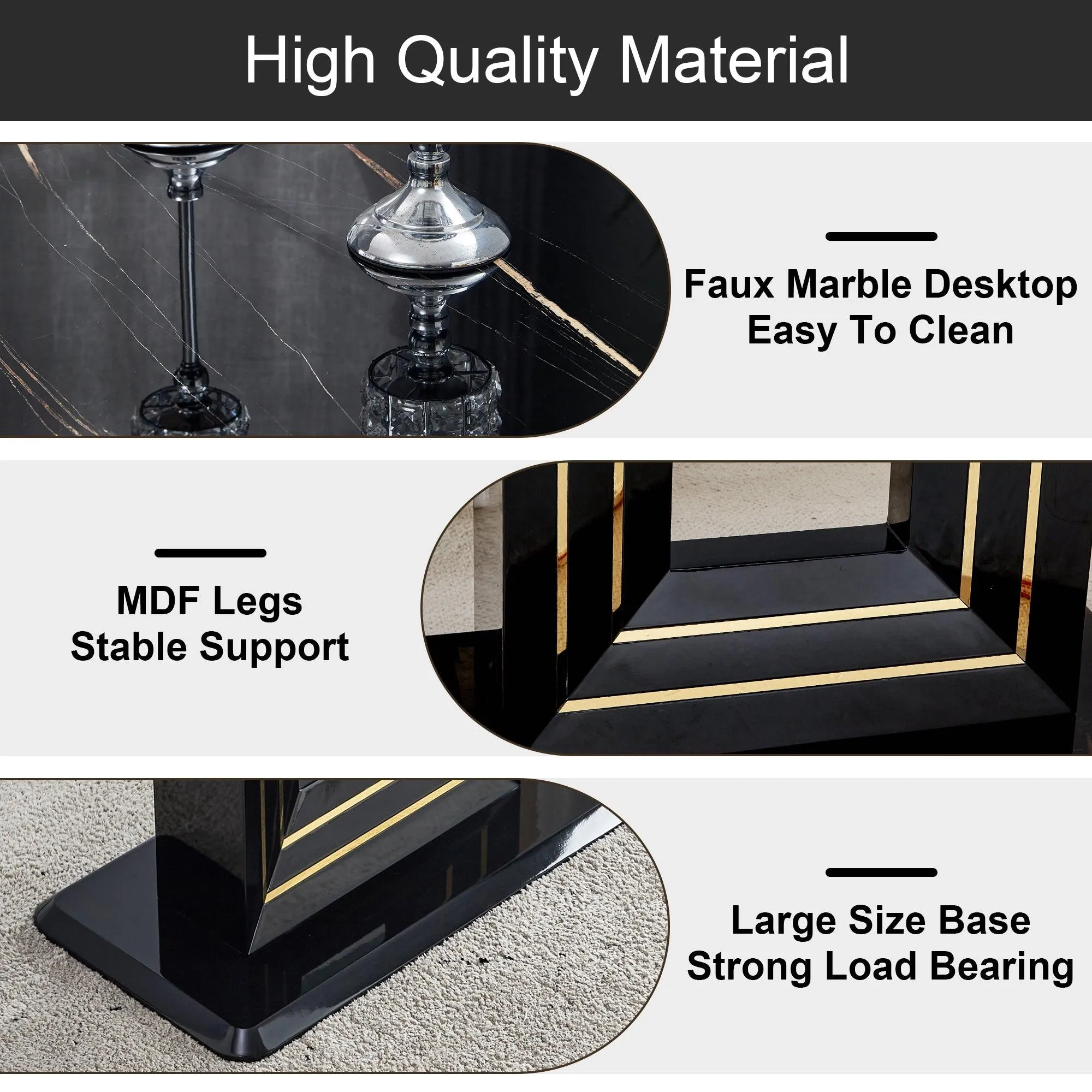 Black Imitation Marble Dining Table, 63"x35.4"x30", with Gold Lines, MDF Legs