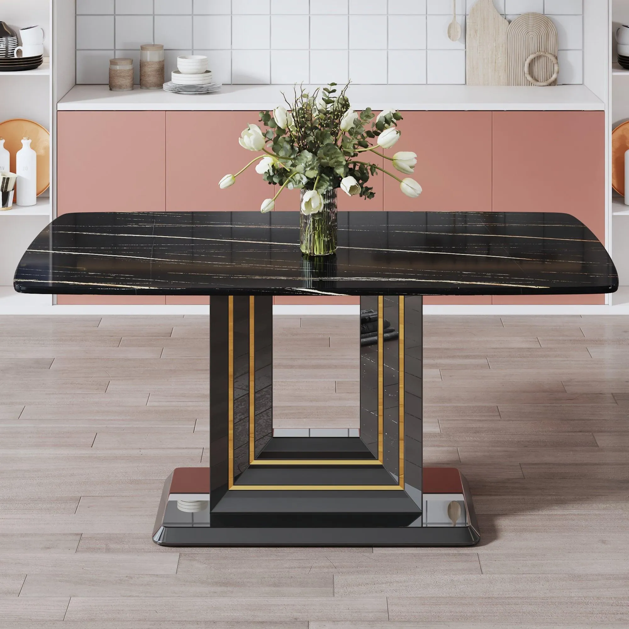 Black Imitation Marble Dining Table, 63"x35.4"x30", with Gold Lines, MDF Legs