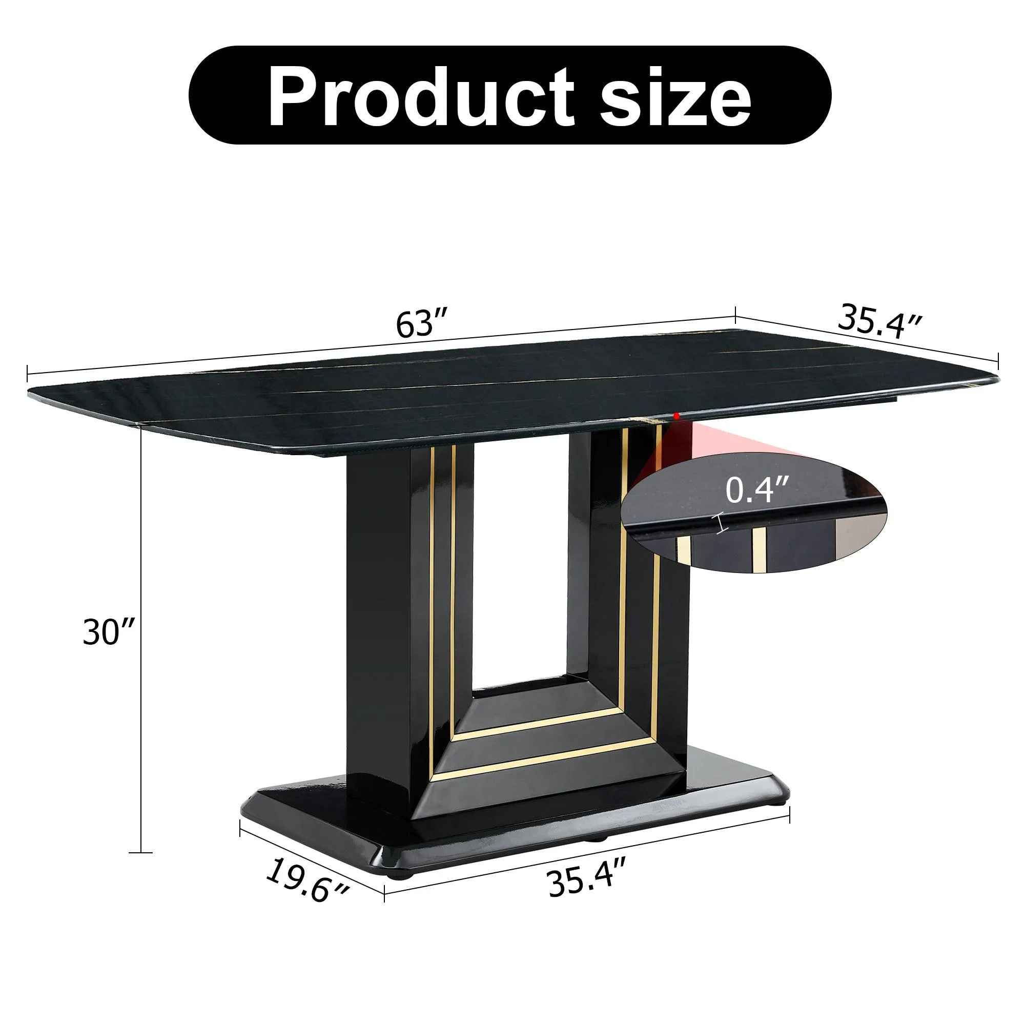 Black Imitation Marble Dining Table, 63"x35.4"x30", with Gold Lines, MDF Legs