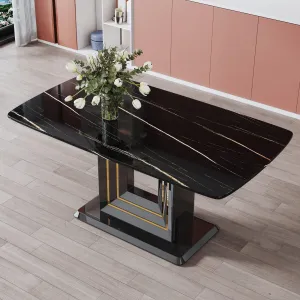 Black Imitation Marble Dining Table, 63"x35.4"x30", with Gold Lines, MDF Legs