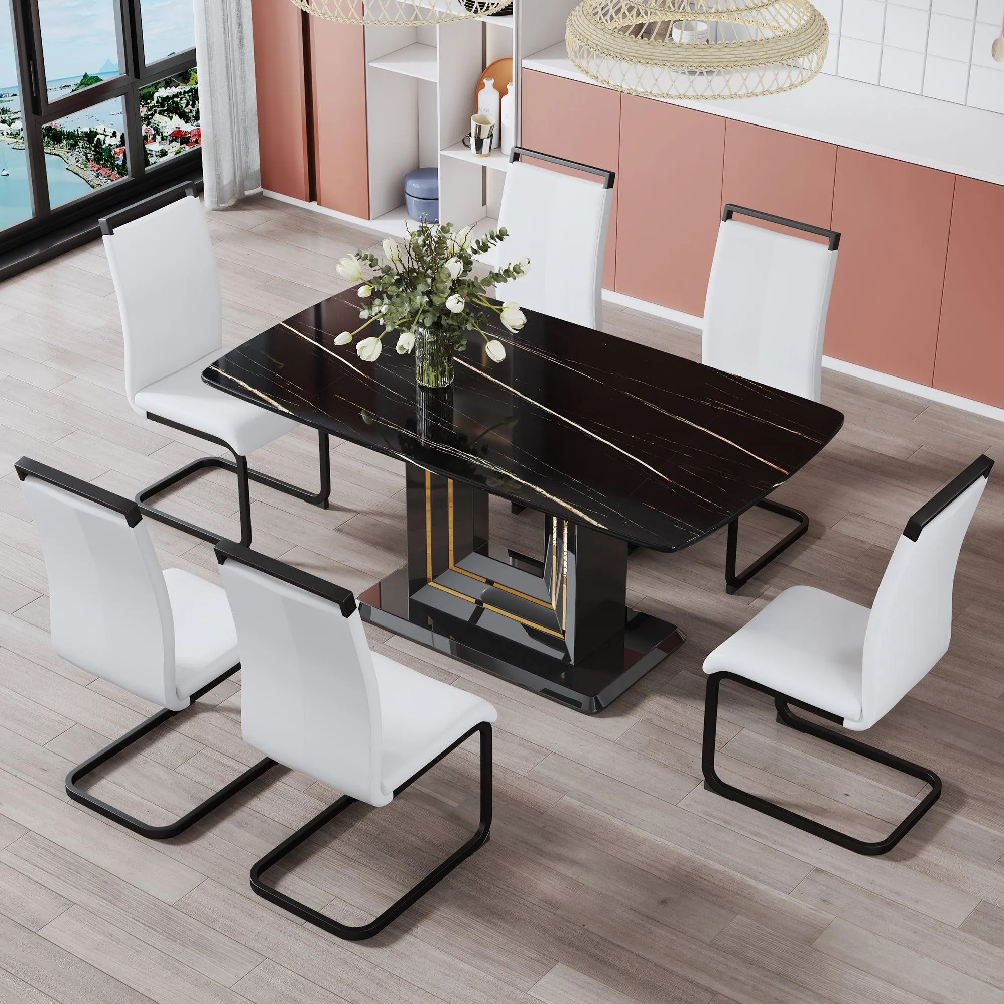 Black Imitation Marble Dining Table, 63"x35.4"x30", with Gold Lines, MDF Legs