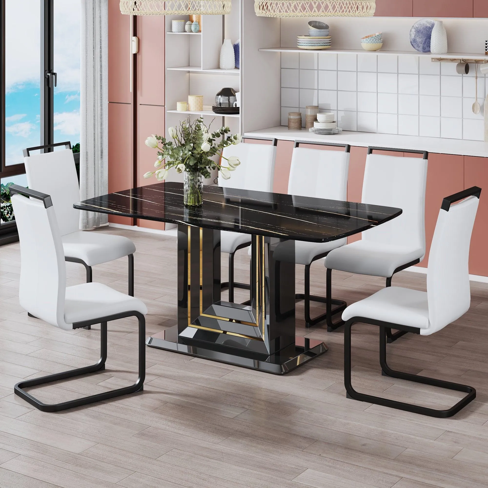 Black Imitation Marble Dining Table, 63"x35.4"x30", with Gold Lines, MDF Legs