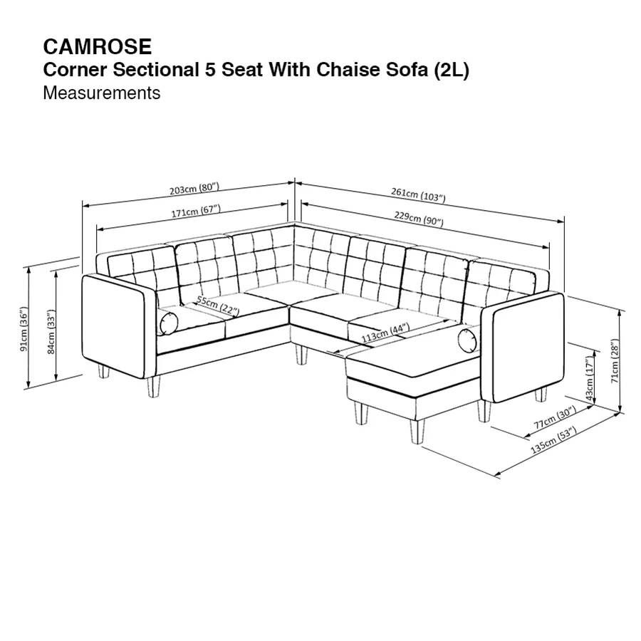 Camrose Corner Sectional 5 Seat with Chaise (2L) Sofa