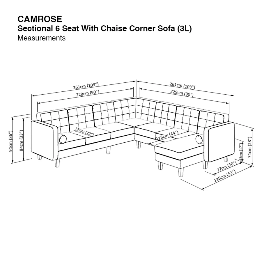 Camrose Sectional 6 Seat Corner with Chaise (3L) Sofa