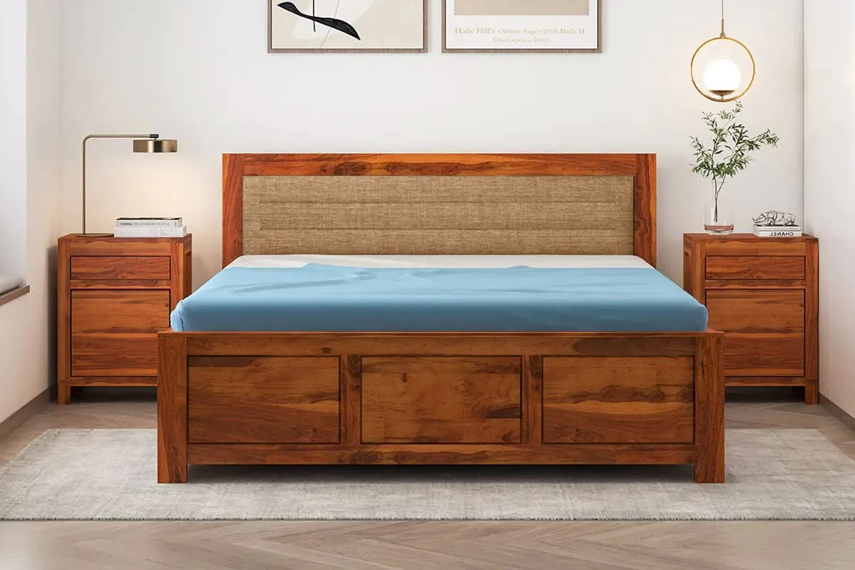 DEVKI INTERIORS Essential Solid Wood King Size Bed with Storage Hydraulic and Upholstered Headboard - Double Bed with Storage for Bedroom Furniture