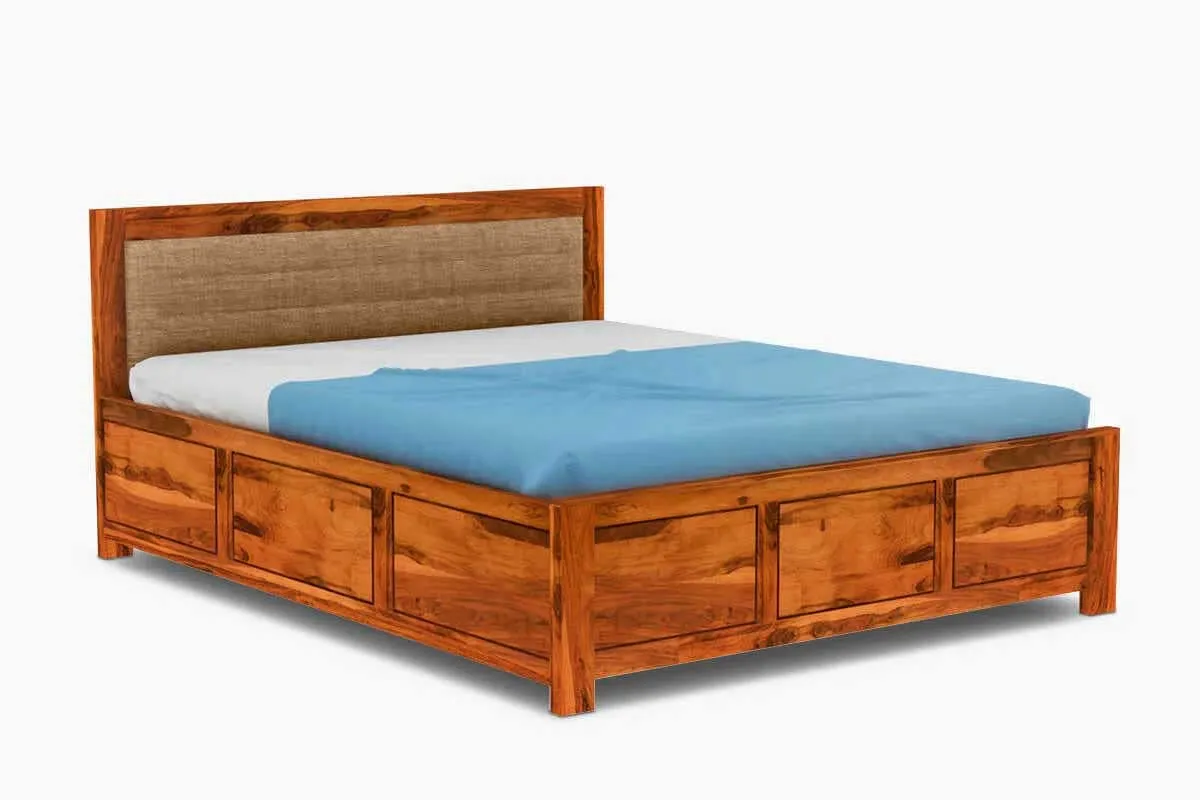 DEVKI INTERIORS Essential Solid Wood King Size Bed with Storage Hydraulic and Upholstered Headboard - Double Bed with Storage for Bedroom Furniture