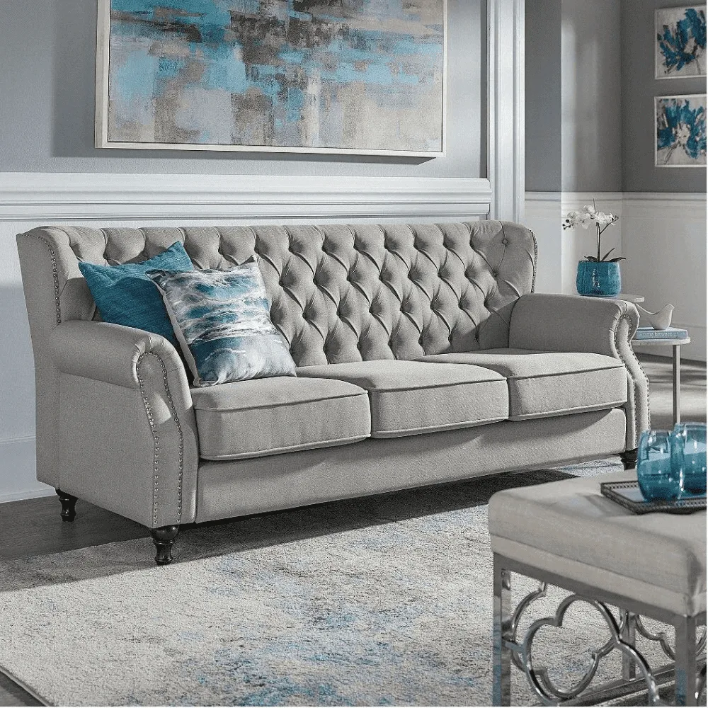 Dorothie Grey Fabric Button Tufted Sofa with Nailhead Trim