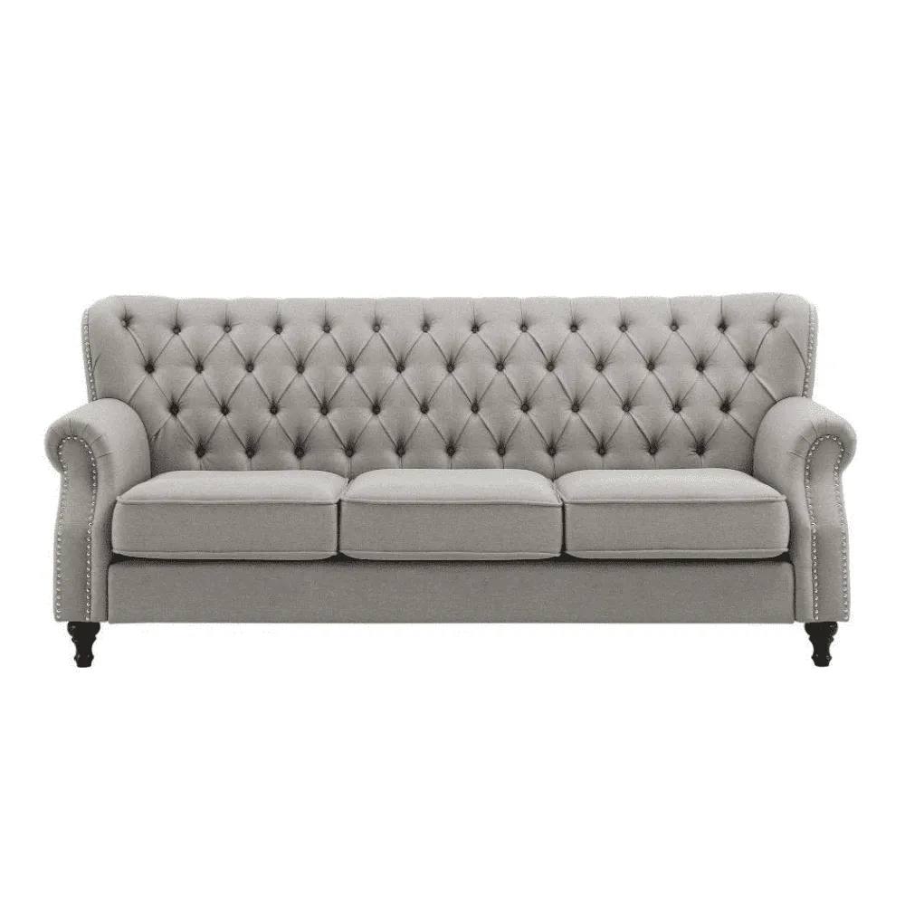 Dorothie Grey Fabric Button Tufted Sofa with Nailhead Trim