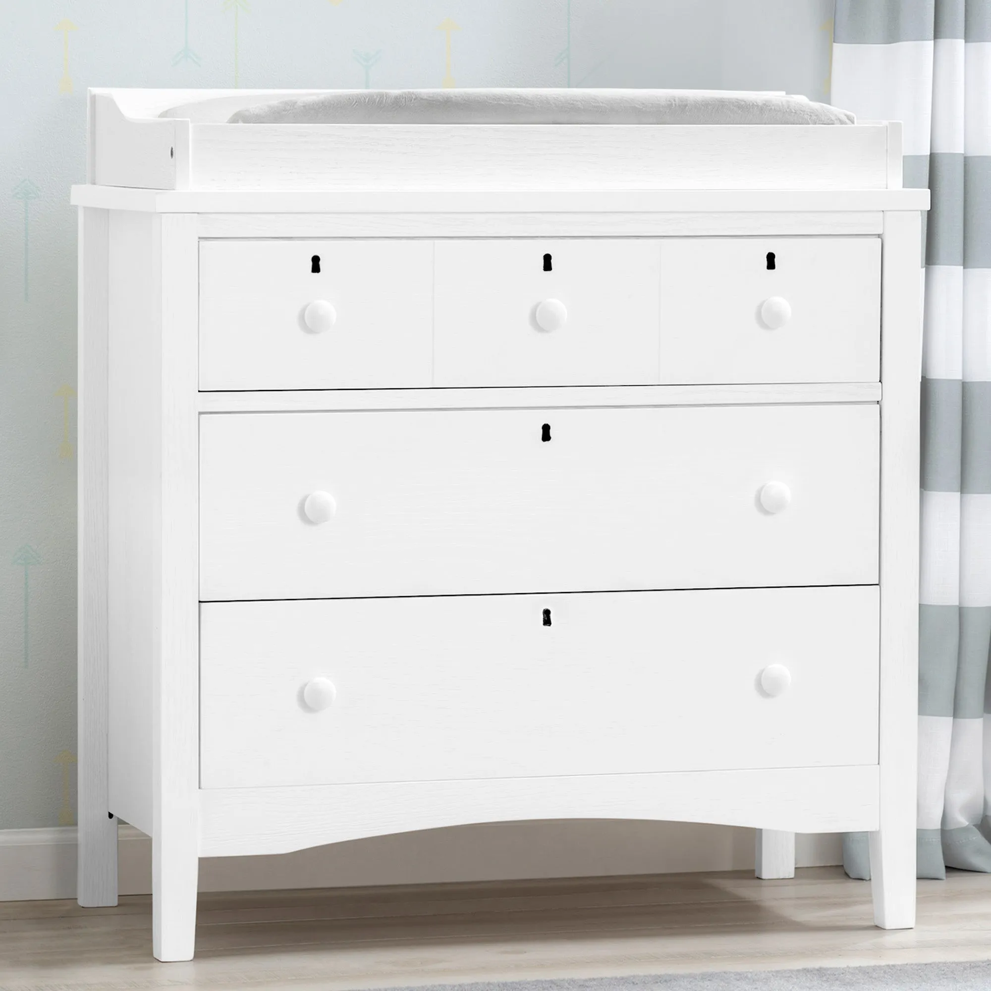 Farmhouse 3 Drawer Dresser with Changing Top and Interlocking Drawers