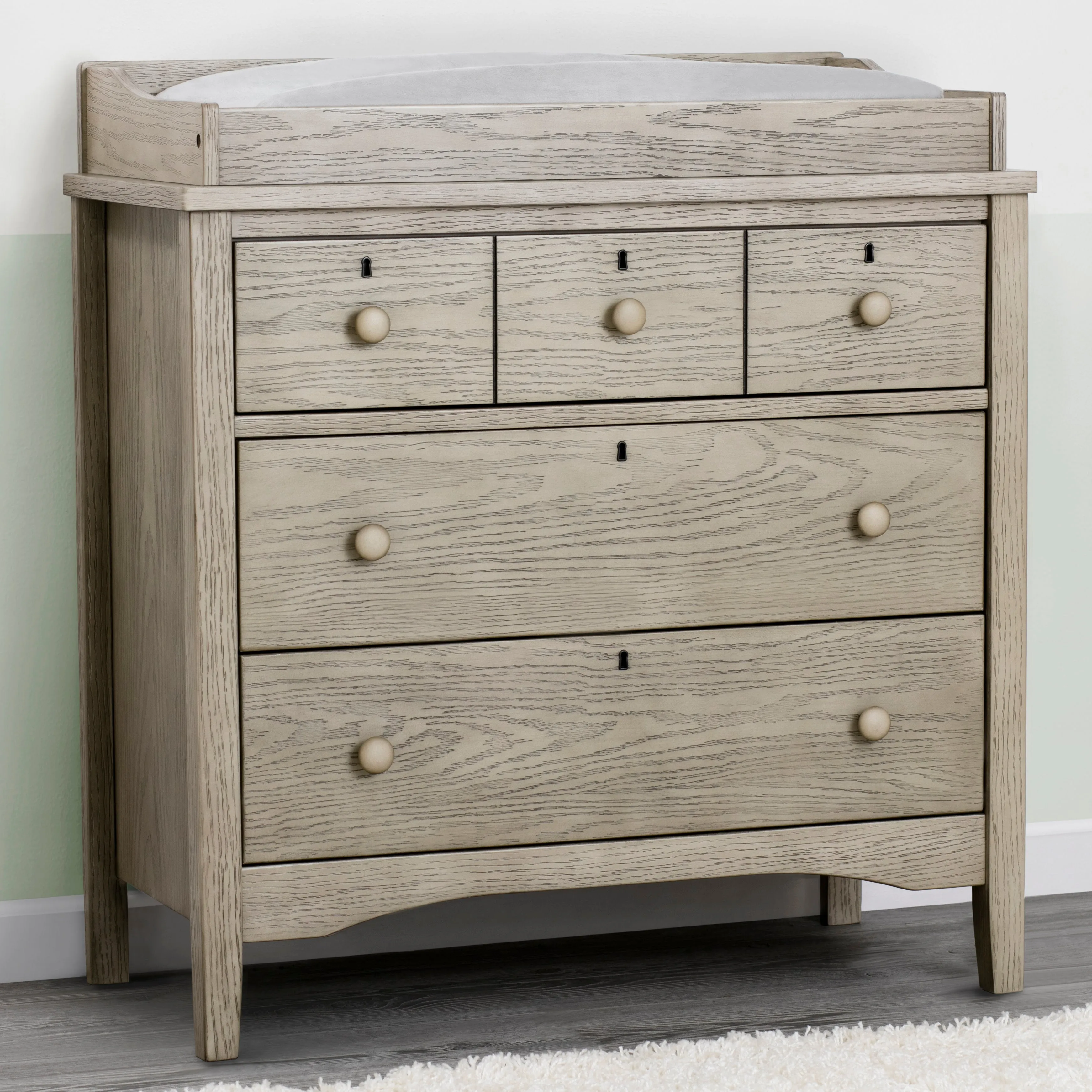 Farmhouse 3 Drawer Dresser with Changing Top and Interlocking Drawers