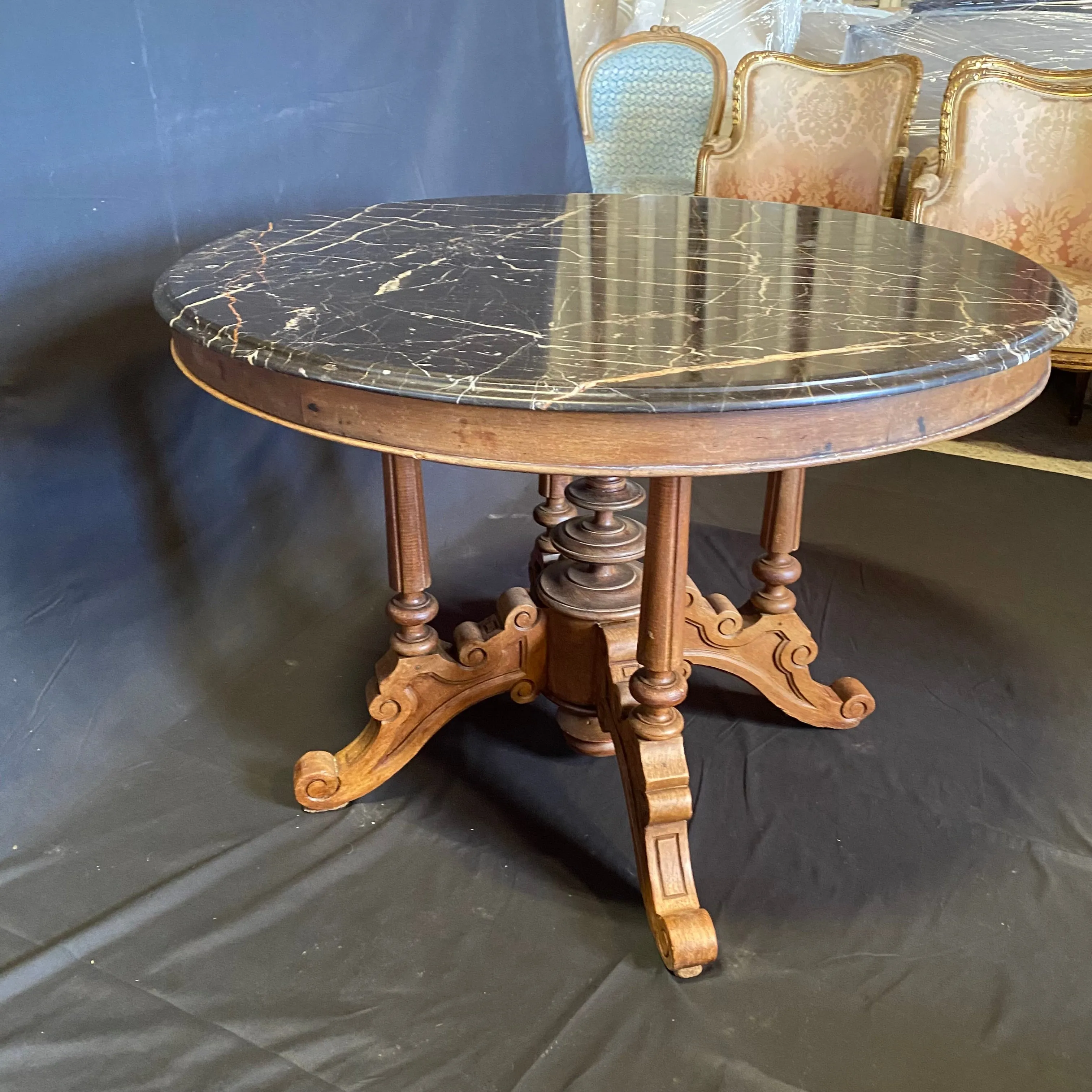 French Round Gueridon Marble Top Center Table, Dining Table or Accent Table with Carved Turned Pedestal Base