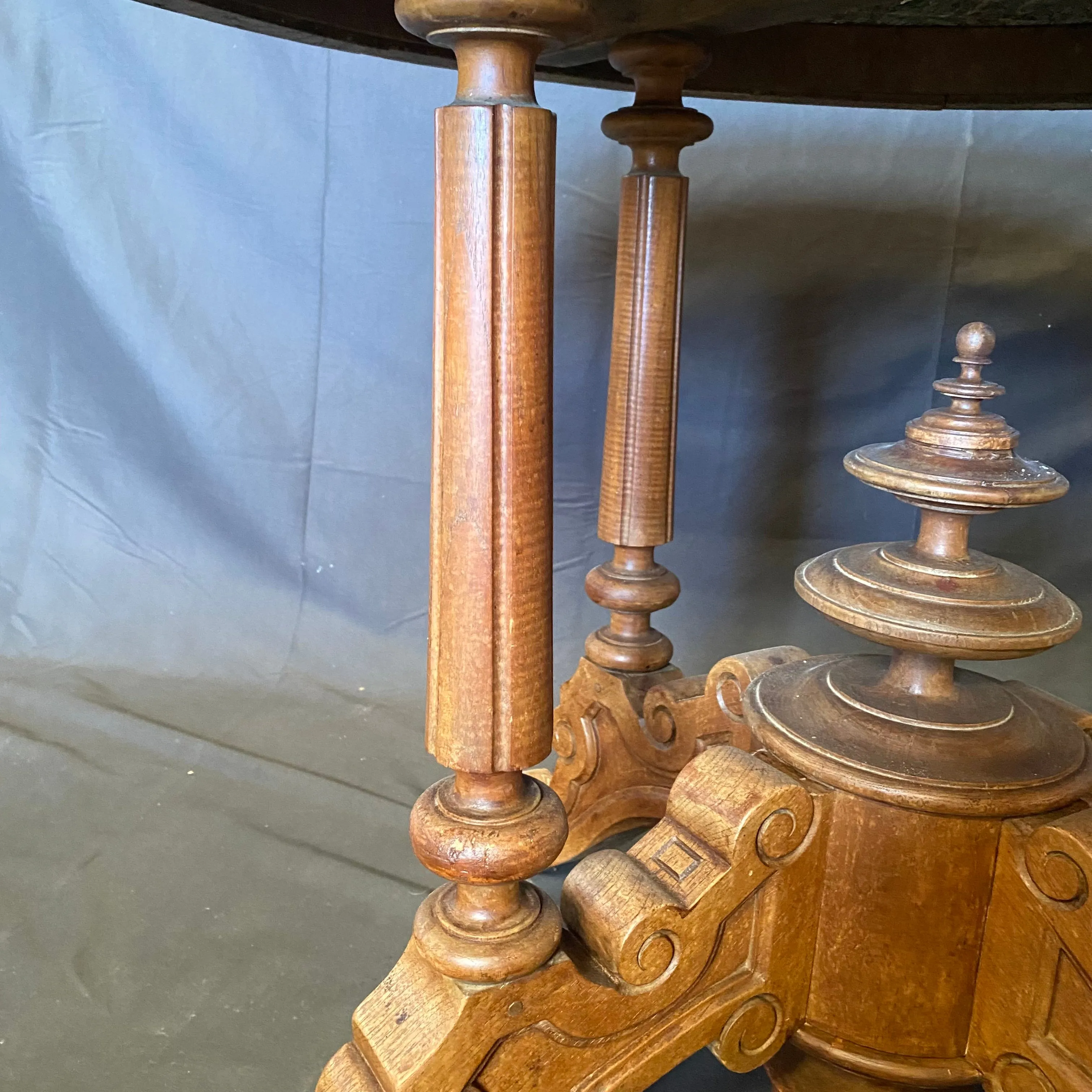 French Round Gueridon Marble Top Center Table, Dining Table or Accent Table with Carved Turned Pedestal Base