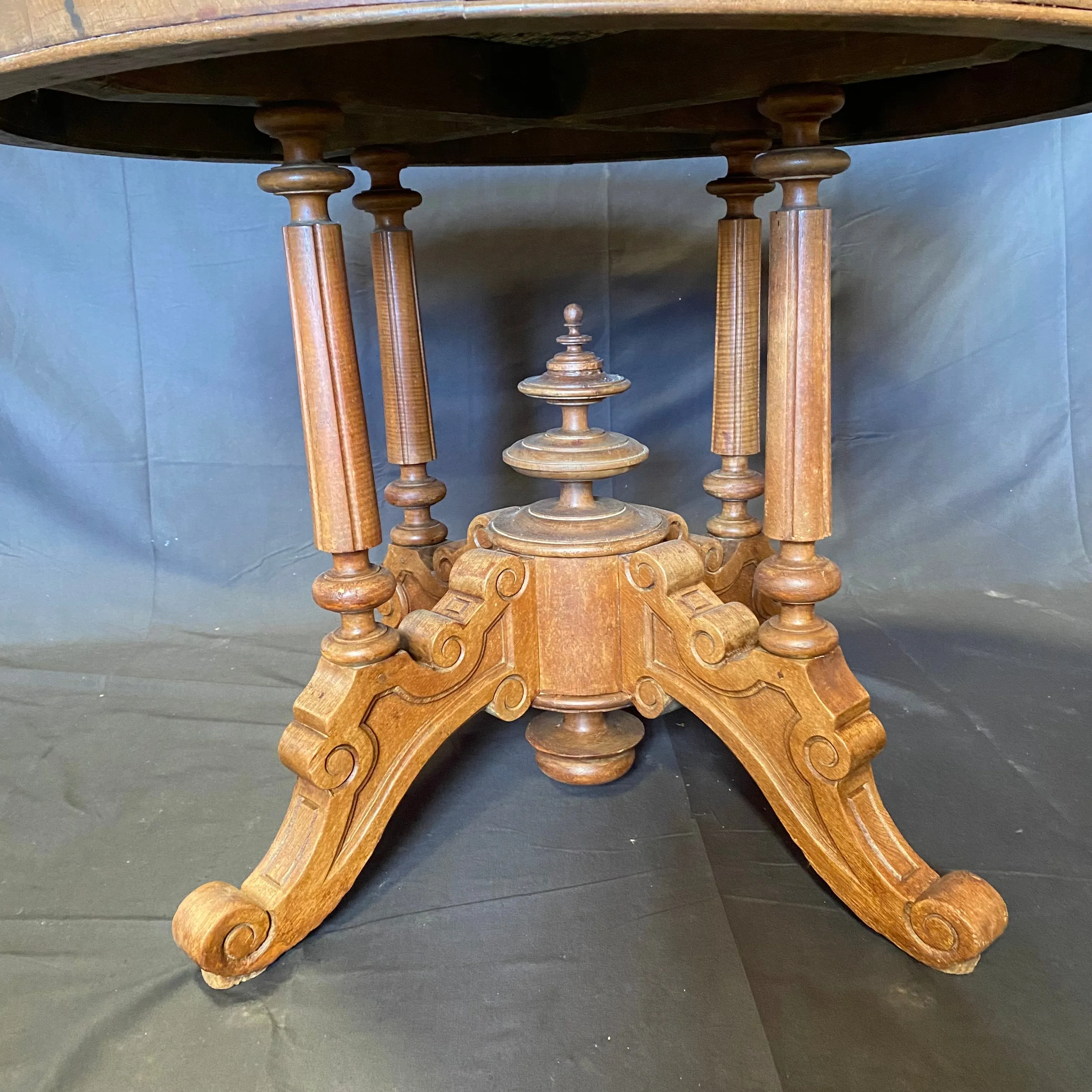 French Round Gueridon Marble Top Center Table, Dining Table or Accent Table with Carved Turned Pedestal Base