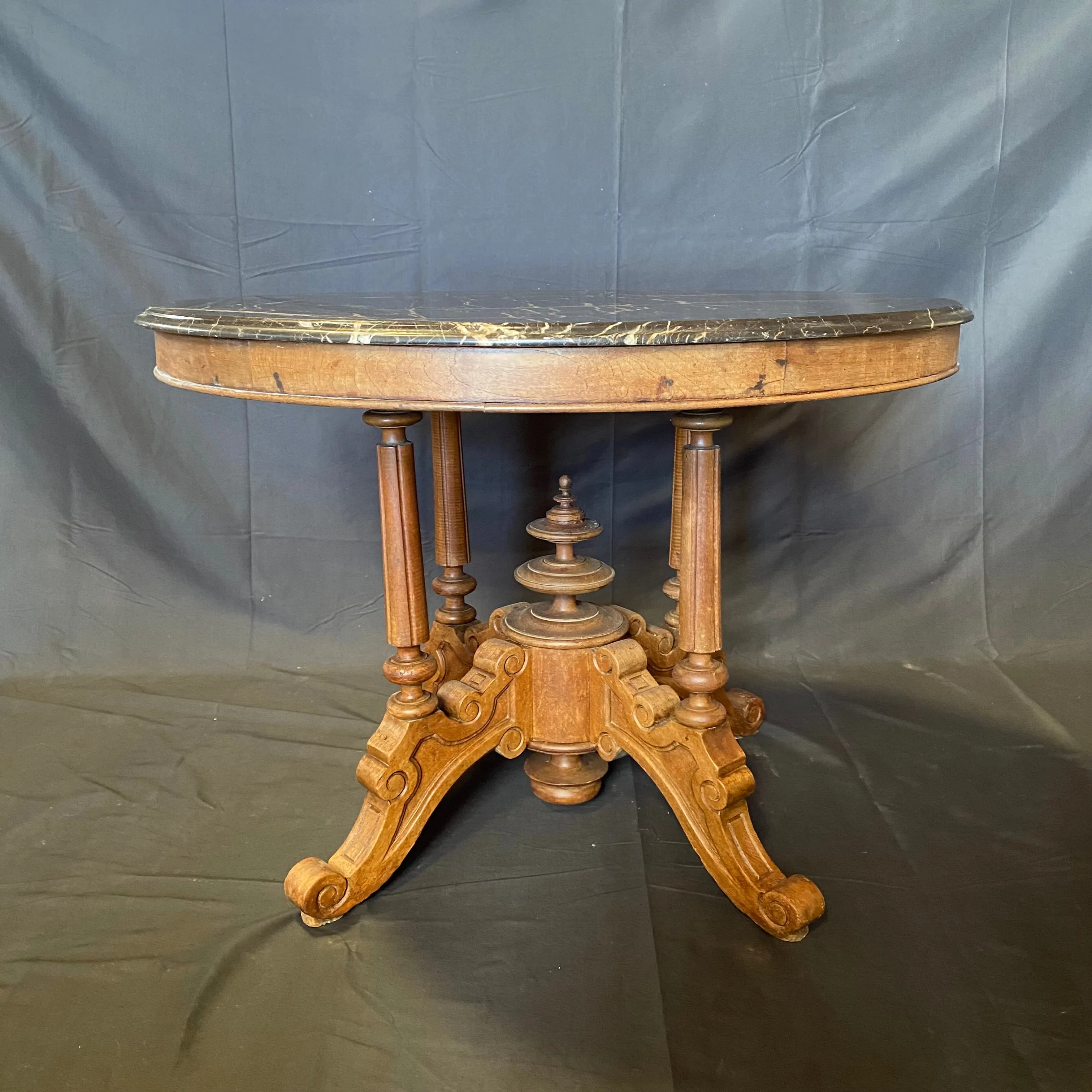 French Round Gueridon Marble Top Center Table, Dining Table or Accent Table with Carved Turned Pedestal Base