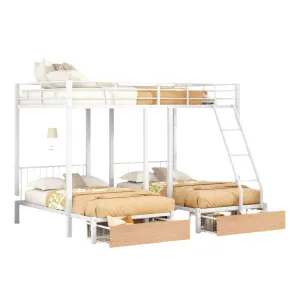 Full Over Twin & Twin Bunk Bed, Metal Triple Bunk Bed with Drawers and Guardrails, White