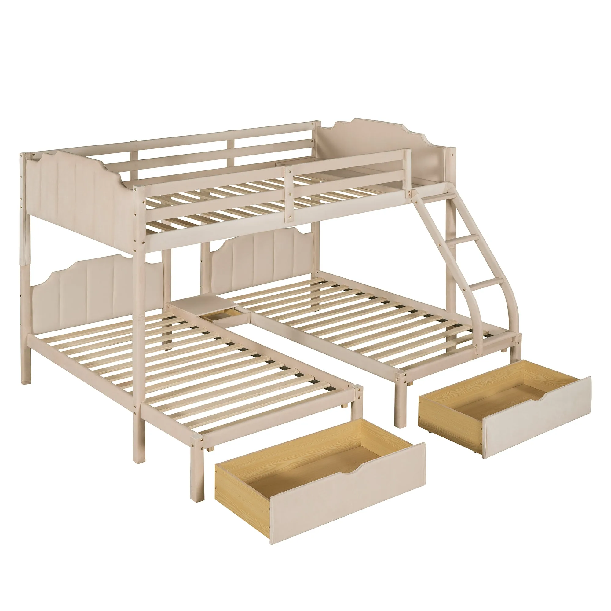 Full Over Twin & Twin Bunk Bed, Velvet Triple Bunk Bed with Drawers and Guardrails, Beige