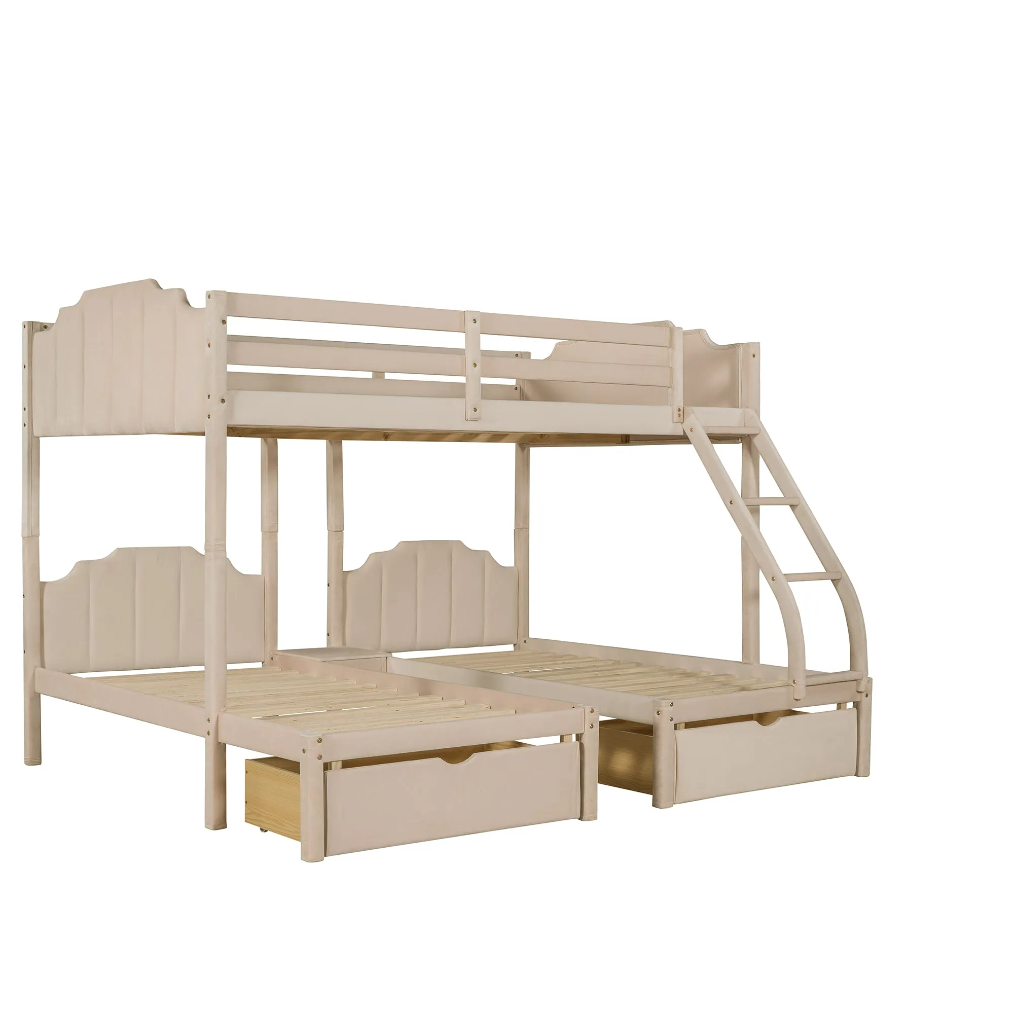 Full Over Twin & Twin Bunk Bed, Velvet Triple Bunk Bed with Drawers and Guardrails, Beige