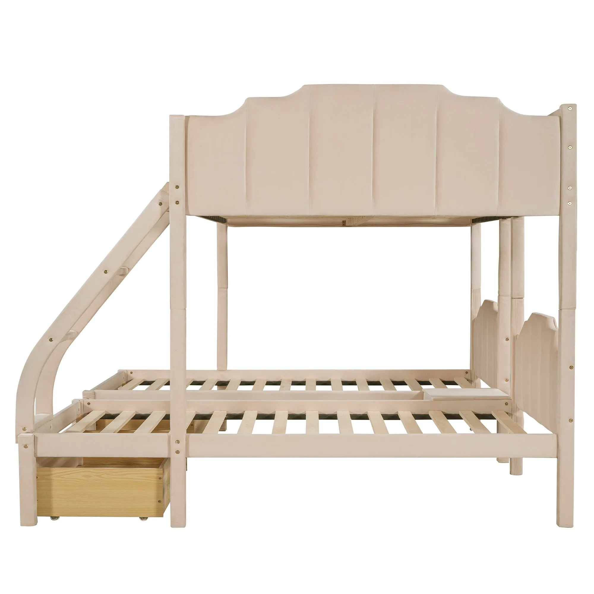 Full Over Twin & Twin Bunk Bed, Velvet Triple Bunk Bed with Drawers and Guardrails, Beige